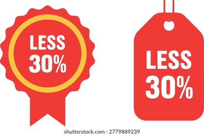 Red discount badges with less 30 percent sale offer isolated on white background
