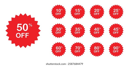 Red discount badges with percentage off labels for sales, promotions, and special offers in a retail or e-commerce store. Different discount price from 10-90%.