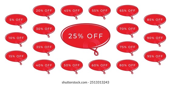 Red discount banner set in oval form, coupons in many percentage variations, offer from 5% to 95%, button to increase sales on your website, vector color illustration