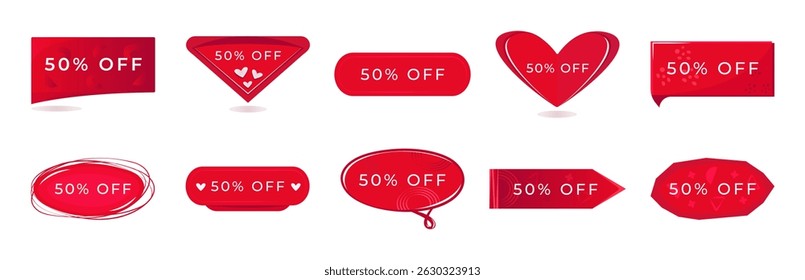 Banner de desconto vermelho definido com texto branco, cupons 50% off para aumentar as vendas no seu site, botões de gradiente em diferentes formas, gráfico de cor vetorial
