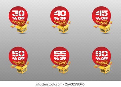 Red discount label with buy now message and open yellow box, on transparent background for promotion banners.