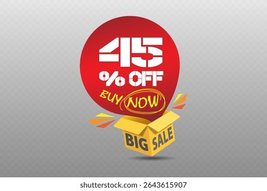Red discount label with buy now message and open yellow box, on transparent background for promotion banners.