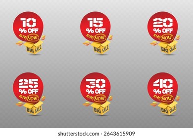 Red discount label with buy now message and open yellow box, on transparent background for promotion banners.