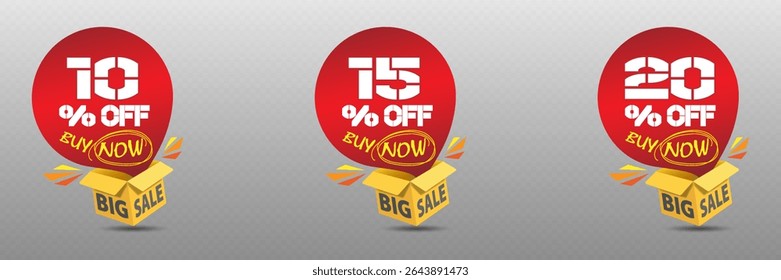 Red discount label with buy now message and open yellow box, on transparent background for promotion banners.