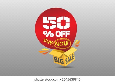 Red discount label with buy now message and open yellow box, on transparent background for promotion banners.