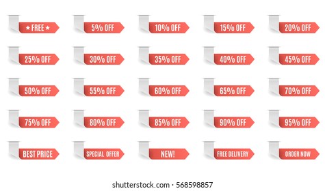 Red discount label set vector for design. 5 10 15 20 25 30 35 40 45 50 55 60 65 70 75 80 85 90 95 percent