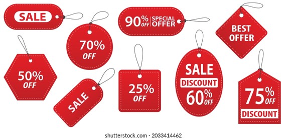 Red discount label with various shapes, sales offers vectors