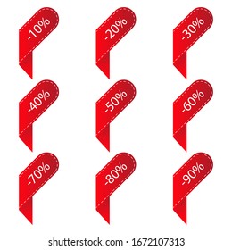 Etiquetas de descuento rojo. Descuento 10, 20, 30, 40, 50, 60, 70, 80, 90 por ciento. Etiquetas para banners de diseño y postales. Aislado sobre un fondo blanco. Vector