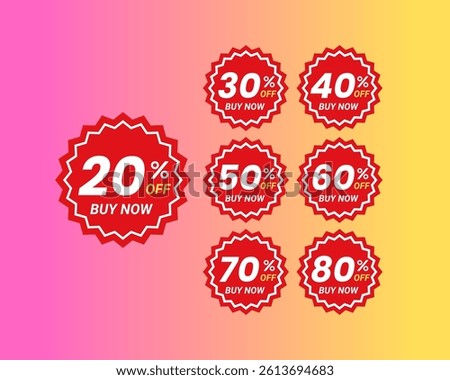 Red Discount Labels Set with Percent Off – Buy Now Badges for Sale Banners