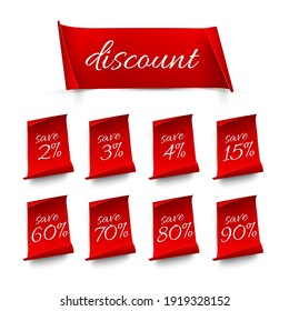 Red discount labels set. Sale banner stickers with different percent price offer vector illustration. Special promo badges to save money on white background. Advertising coupons.