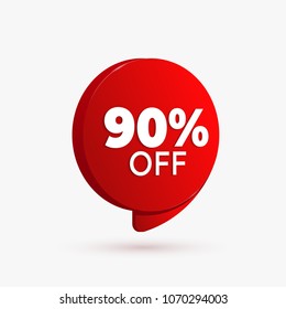 Red Discount offer price label in 3D style. 90% OFF Sale discount sticker.
Vector Illustration.