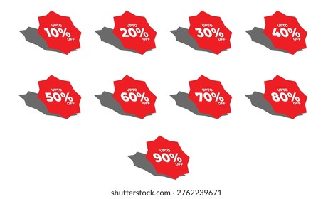 Red Discount Percentage Tags Set 10 to 90 Percent Sale Labels Collection