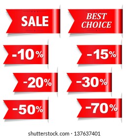 Red Discount Ribbons, Isolated On White Background, Vector Illustration