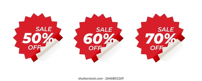 Emblemas de venda de desconto vermelho com borda ondulada - 50%, 60%, 70% Off - Etiquetas promocionais para marketing de varejo, e-commerce e campanhas publicitárias no fundo branco - Ilustração de vetor