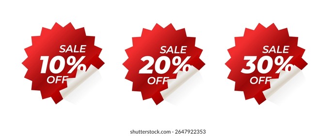 Emblemas de venda de desconto vermelho com borda ondulada - 10% de desconto, 20% de desconto, 30% de desconto - adesivos promocionais para marketing de varejo, e-commerce e campanhas publicitárias em fundo branco.