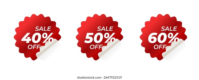 Emblemas de venda de desconto vermelho com borda enrolada - 40% de desconto, 50% de desconto, 70% de desconto - adesivos promocionais para marketing de varejo, e-commerce e campanhas publicitárias em fundo branco
