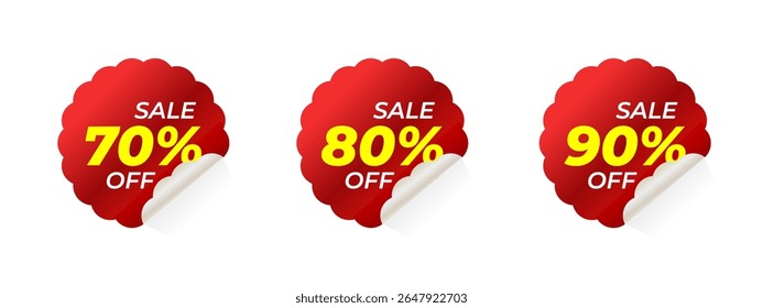 Emblemas de venda de desconto vermelho com borda ondulada - 70% de desconto, 80% de desconto, 90% de desconto - adesivos promocionais para marketing de varejo, e-commerce e campanhas publicitárias em fundo branco - Ilustração de vetor