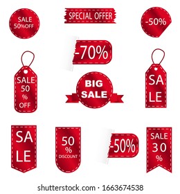 Red discount sale label set. Vector tag, promo sign, sticker with templates. Promo icons, collection of product sign layouts. Discount discounts on labels are 30, 50, 70 percent. Vector illustration
