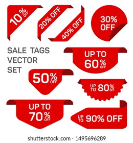 Red discount sale labels set. Vector tag, promo badge, sticker off templates. Promo icons, product signs mockup collection. Off discounts sale tag labels 10, 20, 30, 40, 50, 60, 70, 80, 90 percent off