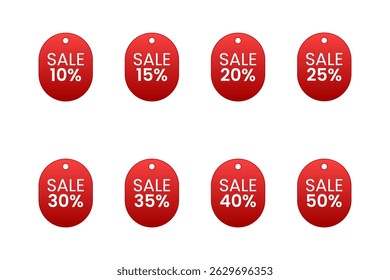 Red Discount Sale Tags Set – 10% to 50% Off Promotional Labels