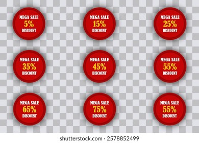 Red discount sticker 5%, 15%, 25%, 35%, 45%, 55%, 65%,75% 85% percent discount network red labels.Vector.On transparent background.