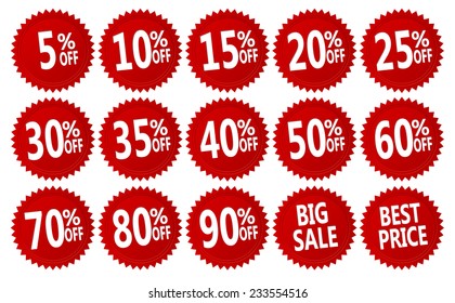 Red Discount Stickers Set. Vector Collection, You Can Simply Change Color And Size