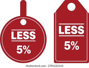 Red discount tags with less 5 percent text isolated on white background