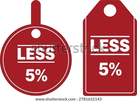 Red discount tags with less 5 percent text isolated on white background
