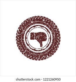 Red dislike icon inside distressed rubber stamp