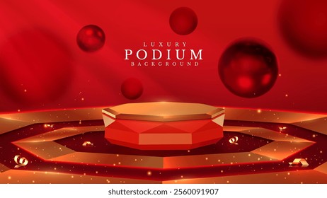 Red display stand with gold ribbon and ball and sparkling light elements, red luxury background.