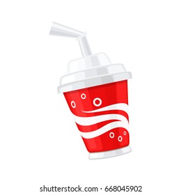 Red disposable cup for beverage with drinking straw. Cartoon style. Flat design. Vector illustration.