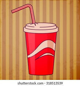 Red disposable cup for beverages with straw.
