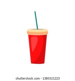 Red disposable cup of soda. Fizzy soda with straw. Can be used for topics like drink, beverage, fastfood