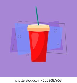 Red disposable cup of soda. Fizzy soda with straw. Can be used for topics like drink, beverage, fastfood