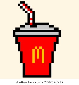 Roter Einwegbecher mit Stroh. Pixelkunstillustration