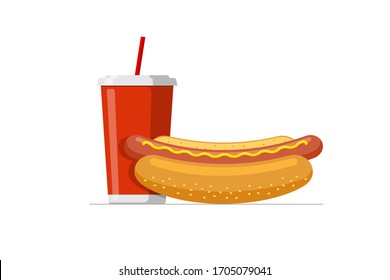 Red disposable paper cup with drinking straw for soda or juice cocktail and cartoon fast food hot dog. Hotdog sausage in bread bun and fresh beverage set isolated flat vector illustration