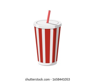 Red disposable paper or plastic beverage striped cup packaging template with drinking straw for soda or fresh juice cocktail. Vector eps illustration isolated on white background