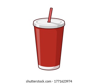 Red disposable paper or plastic beverage cup packaging template with drinking straw for soda or fresh juice cocktail. Vector flat eps illustration isolated on white background