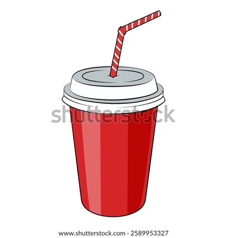Red disposable paper or plastic beverage cup with straw, takeaway beverage, soft drink, vector illustration