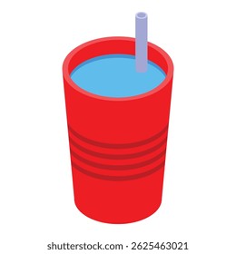 Red disposable plastic cup containing blue liquid with straw, isolated on white background, in isometric view