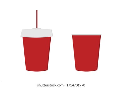 Conjunto vectorial de tazas de refresco de plástico desechable rojo, colección. Bebidas calientes de comida rápida.