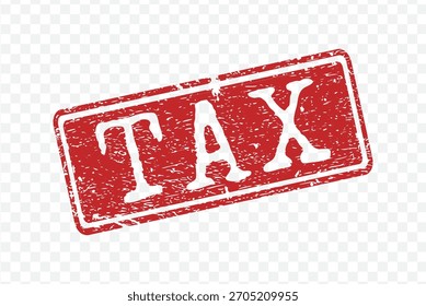 Red distressed rubber stamp with bold white financial word TAX