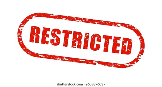 Red distressed rubber stamp with stamped text. Stamp with "RESTRICTED" letters inside isolated on transparent background. Legal prohibition, forbidden actions, unsafe materials, trade ban concept