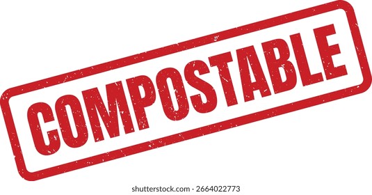 Um selo vermelho, angustiado com a palavra COMPOSTABLE impressa diagonalmente através dele é mostrado contra um fundo branco limpo, sugerindo...