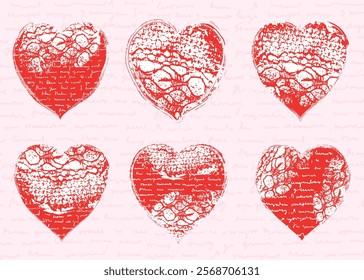 Red distressed vector heart shapes with lace texture and hand written illegible text for Valentine's Day and wedding graphic design