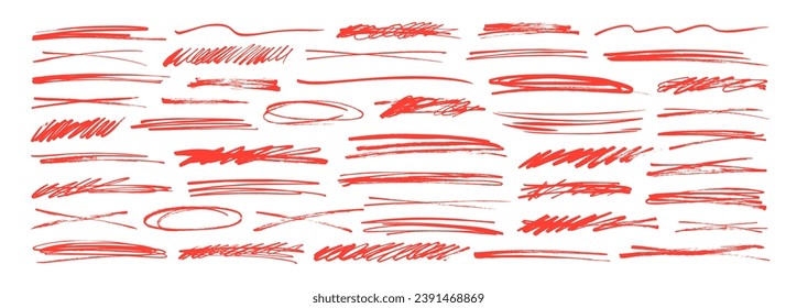 Red divides, strike through lines, underlines collection. Hand drawn vector scribble brush strokes, thin ovals and curved strokes. Marker lines, horizontal charcoal squiggles. Scribbles and scrawls.