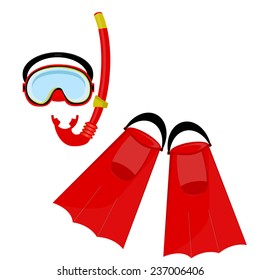 Red diving mask, diving tube, swimming equipment, flippers