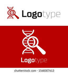 Red DNA research, search icon isolated on white background. Magnifying glass and dna chain. Genetic engineering, cloning, paternity testing. Logo design template element. Vector Illustration