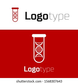 Red DNA research, search icon isolated on white background. Genetic engineering, genetics testing, cloning, paternity testing. Logo design template element. Vector Illustration