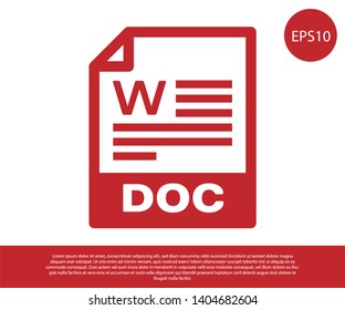 Red DOC file document icon. Download doc button icon isolated on white background. DOC file extension symbol. Vector Illustration
